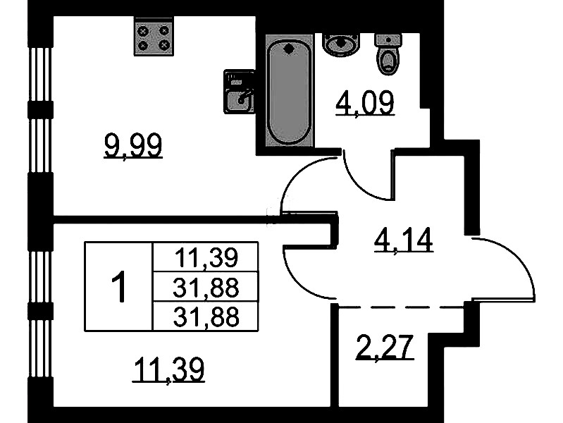 1-комнатная квартира 31.88 м², 14/15 эт., ЖК «Невская Долина»